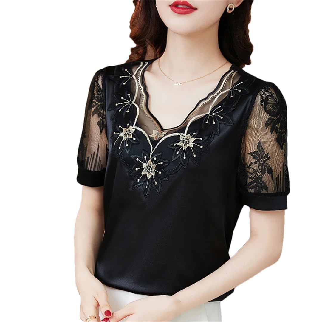 Camicette da donna in raso con ricamo floreale in pizzo estivo con scollo a V