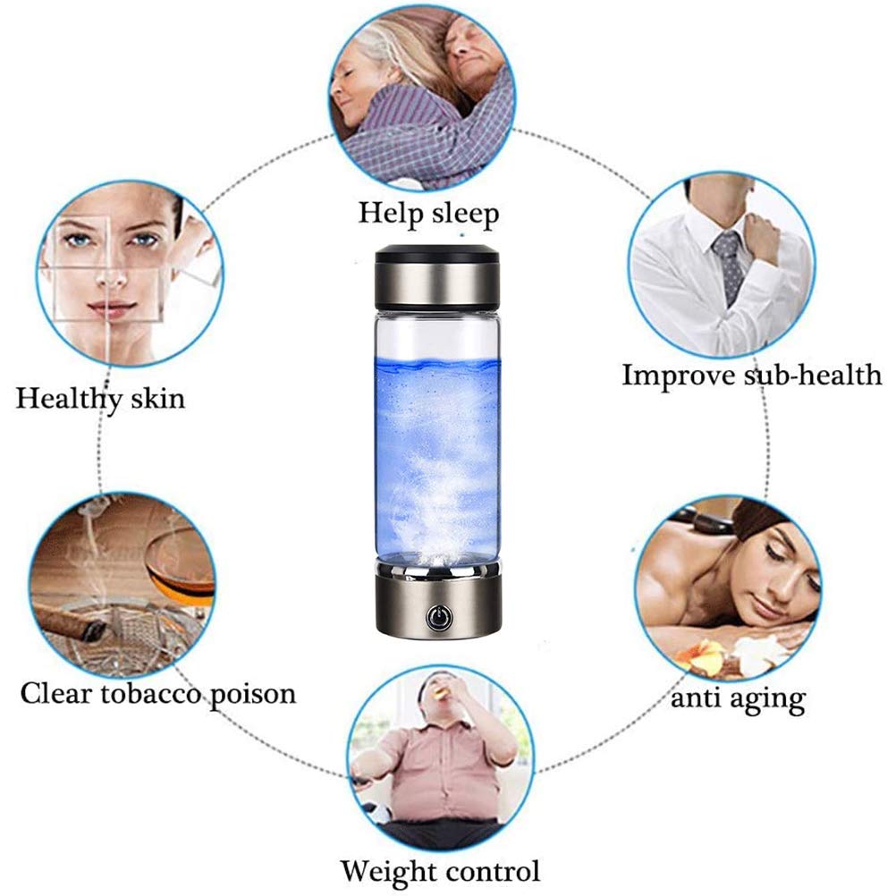 Rich Hydrogen Cup, Wiederaufladbare Wasserionisierer, Tragbare Glasflaschen mit Alkalischer Energie, 3 Minuten Mikroelektrolyse-Wasserstoffproduktion