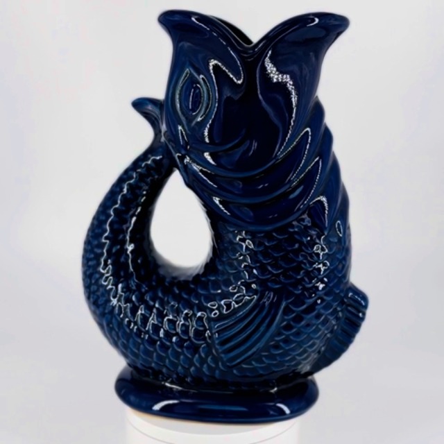 Giggling Grandma Fish Jug 1.5L Ceramic Pitcher, Dark Cobalt Blue