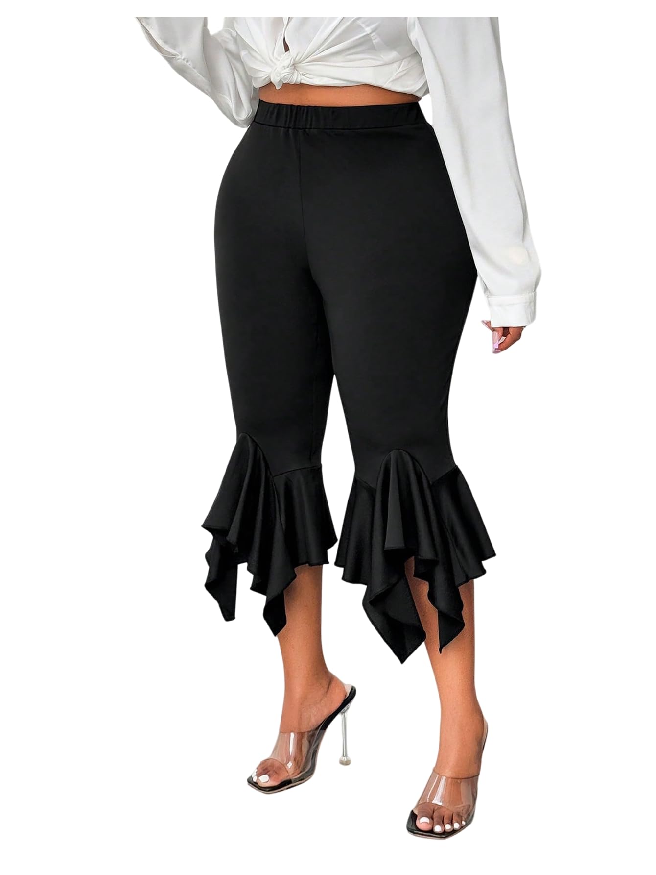 OYOANGLE Womens Plus Size Skinny Ruffle Capri Pants Elastic Waist Work Dressy Short Leggings