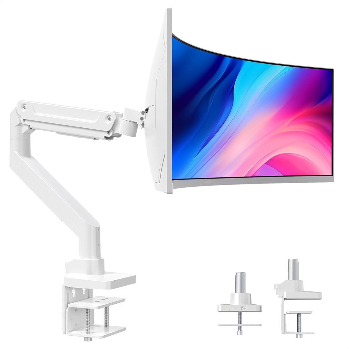 Claiks Heavy-Duty Single Monitor Arm for 17-49'' Ultrawide Curved Screen, Load 20kg, Height Adjustable Monitor Desk Mount with Tilt Swivel Rotate, Gas Spring, VESA 75/100mm, White