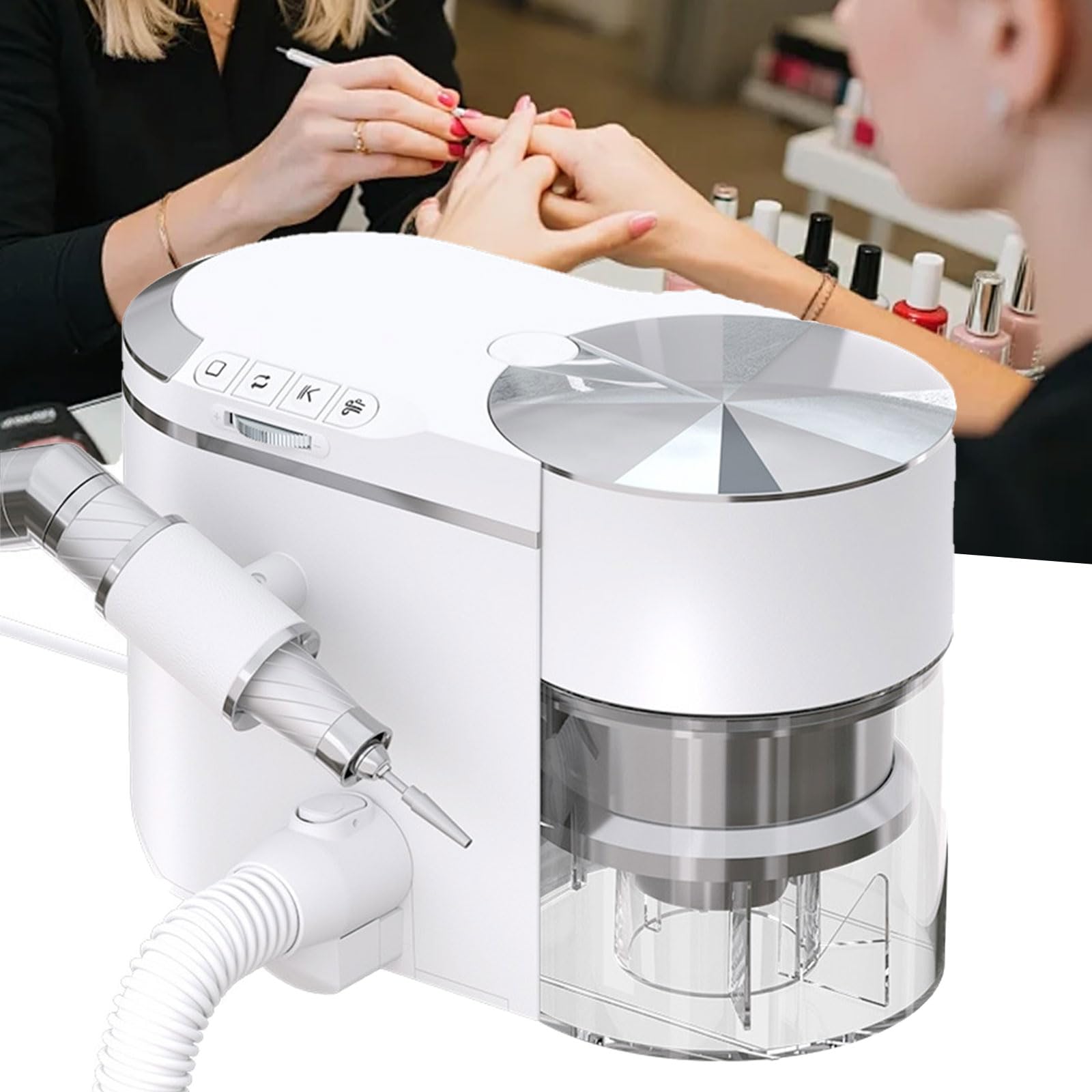 Taladro de uñas profesional y colector de polvo 2 en 1, velocidad ajustable y succión para un uso eficiente en salones y manicuras domésticas
