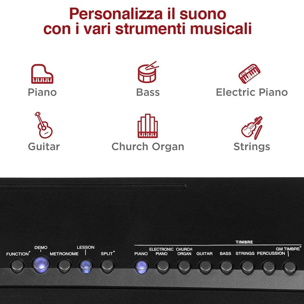 Bakaji - Teclado musical plano electrónico, 88 teclas semipesadas, piano multifunción con 140 ritm, 6 instrumentos musicales, función Split Twinova, entrada AUX USB + pedal atril y soporte