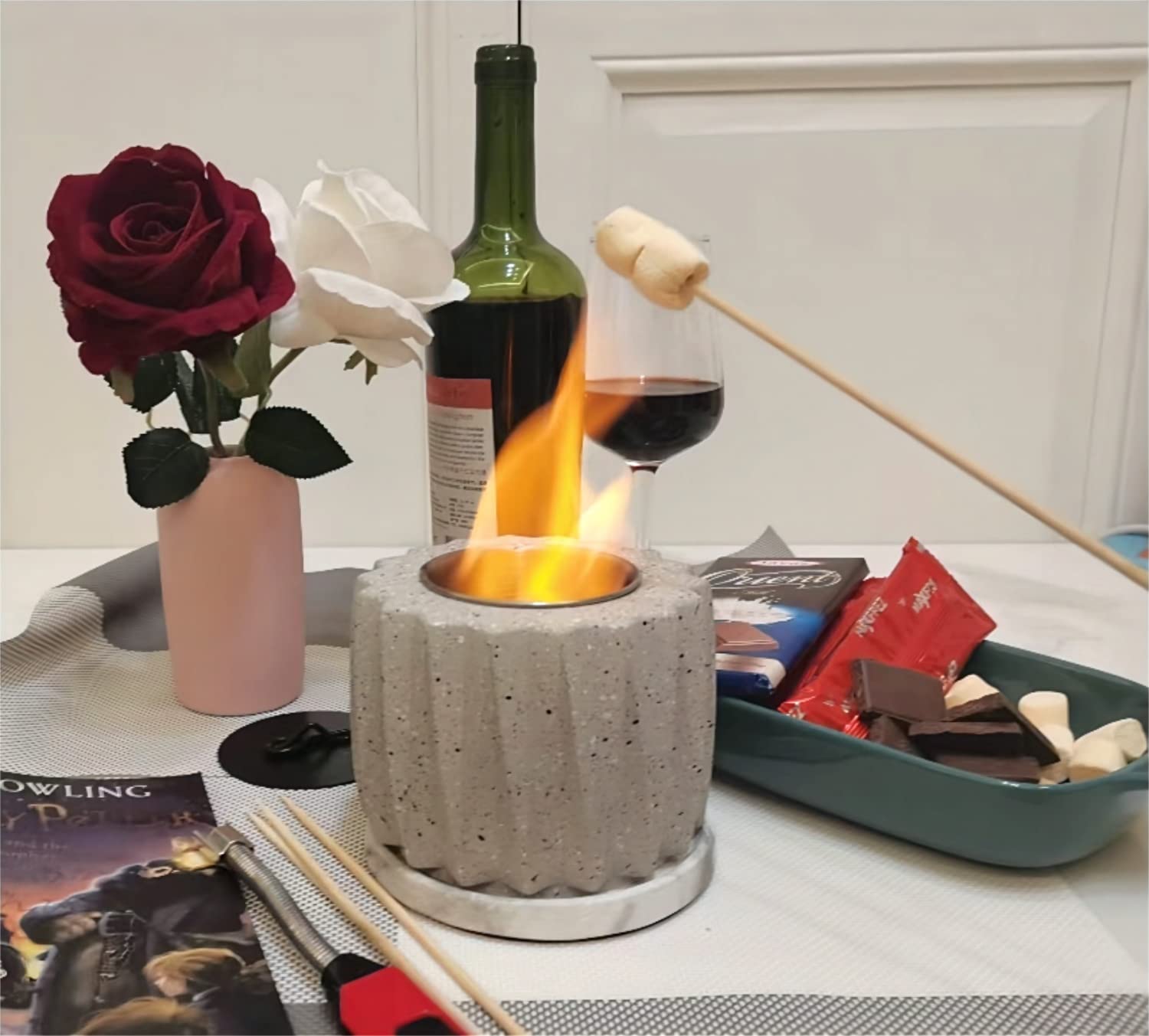 Romway Concrete Portable,Mini fire pit,tabletop fireplace for Indoor and Outdoor Use (Sand Color)