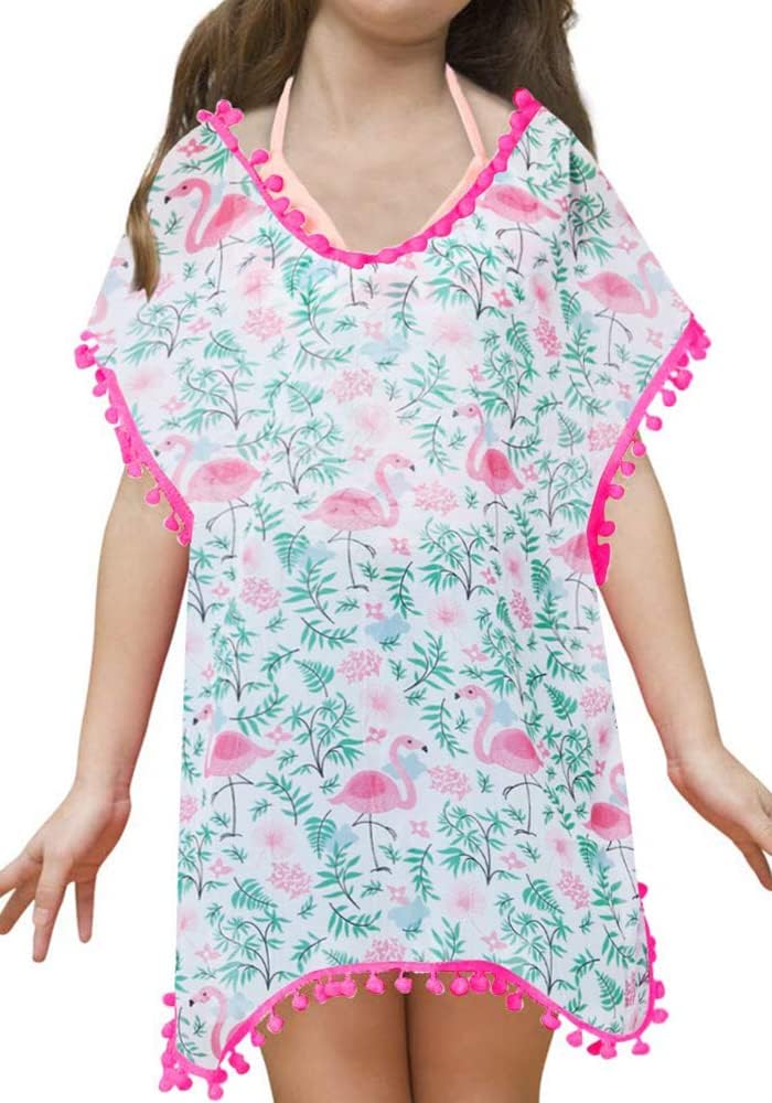 Funnycokid Girls Flamingo Cover Ups Kids Swimsuit Bathing Suit Coverups with Pompom Tassel Size 10-12