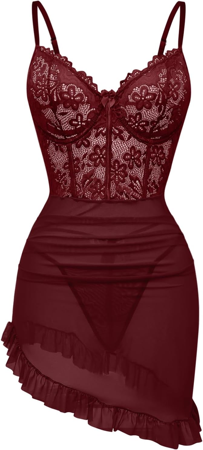 Sexy Corset Bodycon Ruffle Sheer Underwire Mesh Lace Floral Outfits Babydoll Lingerie Set Dress with Thong 2 Piece - Image 5