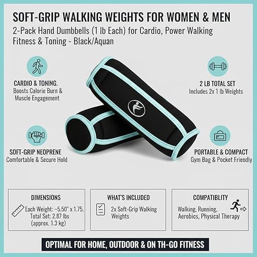 Miniatura 9 de Pesas para caminar, paquete de 2 unidades (1 libra cada una), pesas de mano de agarre suave para cardio, caminar con fuerza y tonificación