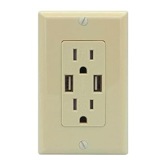 Decorative Duplex 15Amp Tamper Resistant Receptacle with Dual USB Charger Ports, Wallplate Included, Childproof USB Outlet, USB Inwall Outlet UL Listed, Ivory
