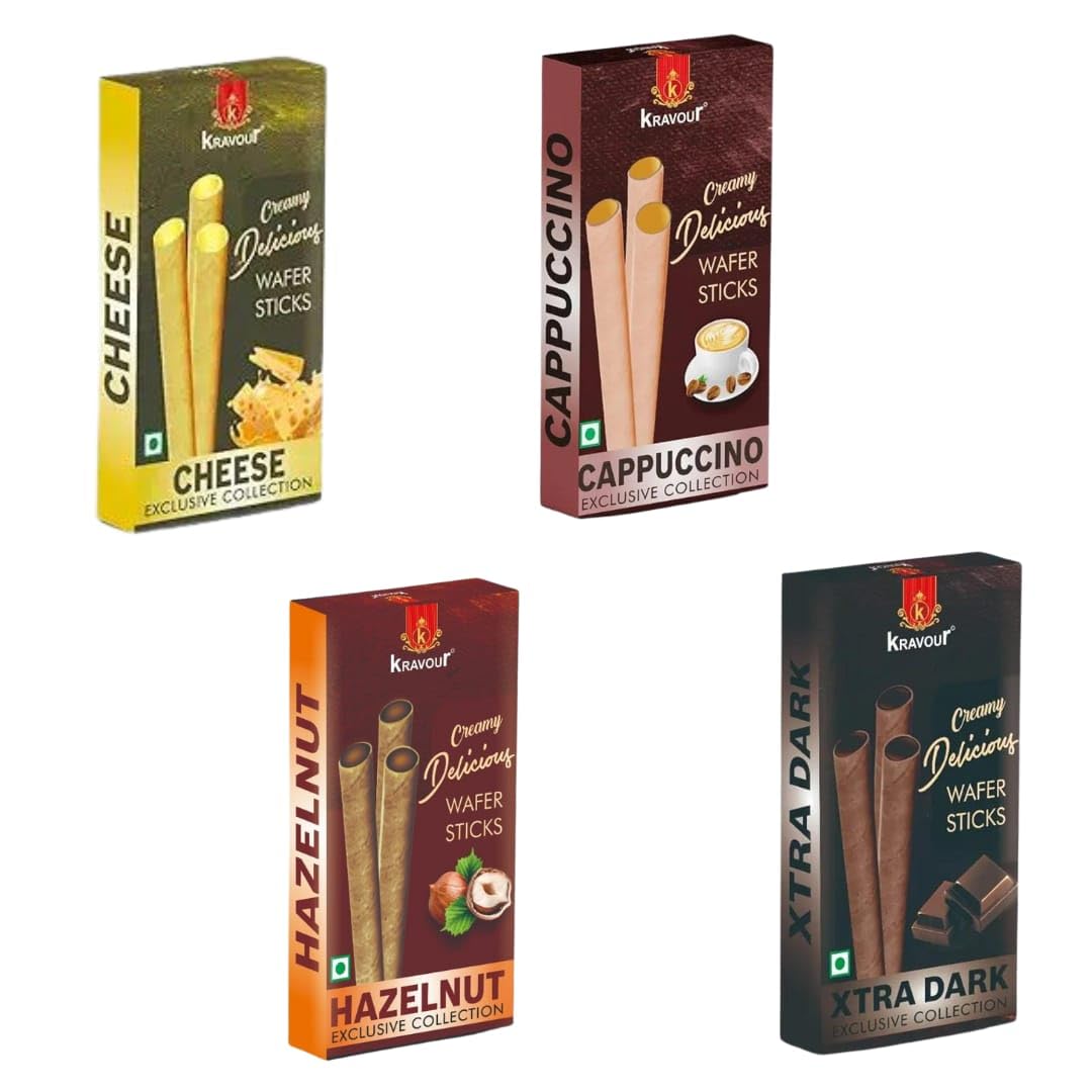 Kravour Assorted Wafer Rolls (Cheese, cappuccino, Hazelnut and xtra Dark Flavour) 4 PacksX75g