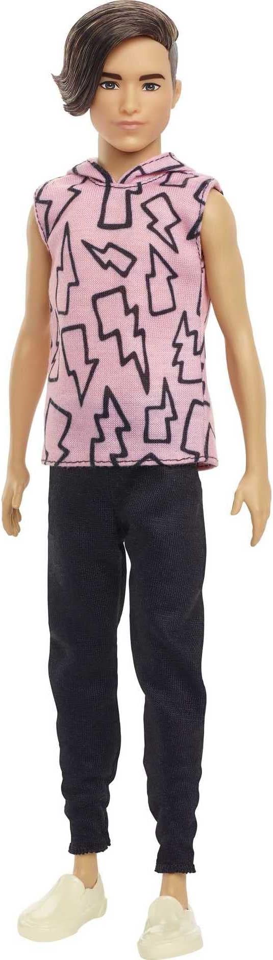 Ken Fashionistas Doll #193, Slender, Rooted Brown Hair, Lightning Bolt Hoodie, Black Pants, Slip-On Shoes, for Kids 3 to 8 Years Old