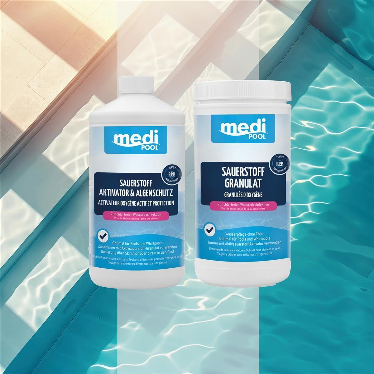 Medipool Wasserpflege-Set mit Pooltester für Aktivsauerstoff & pH-Wert, 1x Sauerstoff-Granulat 1 kg und 1x Aktivator 1 L