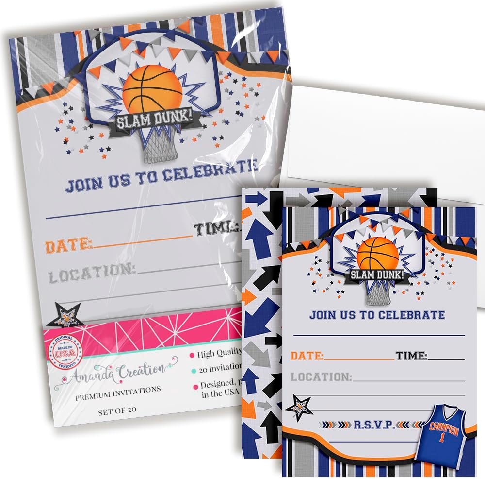 Basketball Sports Birthday Party Invitations, 20 5x7 Fill In Cards with Twenty White Envelopes by AmandaCreation