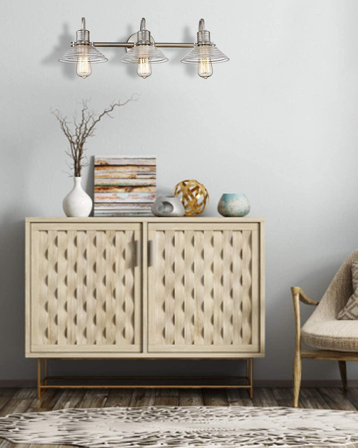 Black Friday - 60% OFF Eapudun 3-Light Bathroom Light Fixtures, Bathroom Vanity Lighting Fixtures Over Mirror, Brushed Nickel Finish with Ribbed Glass Shade, WLA1260-BNK