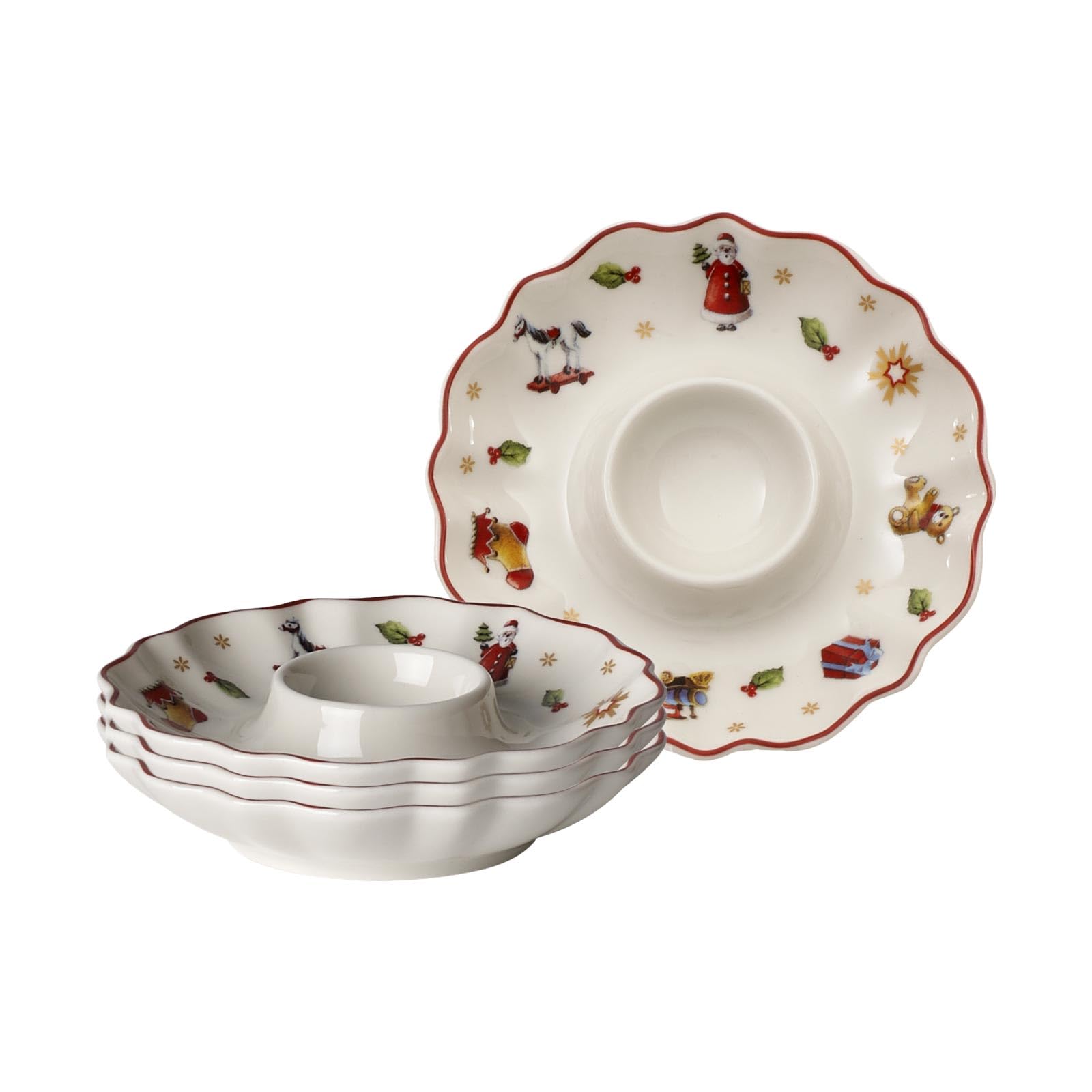 Villeroy & Boch Toy's Delight Eierbecher 4er Set, 11 cm, Weihnachtliche Eierteller mit Wintermotiven, Premium Porzellan, Weiß/Rot/Gold