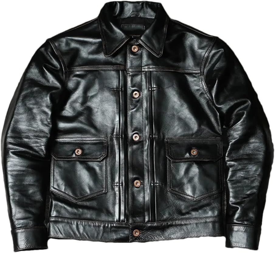 Mens Classic Genuine Leather Jacket Winter Vintage Black Horsehide Coat Retro Leather Safari Coat