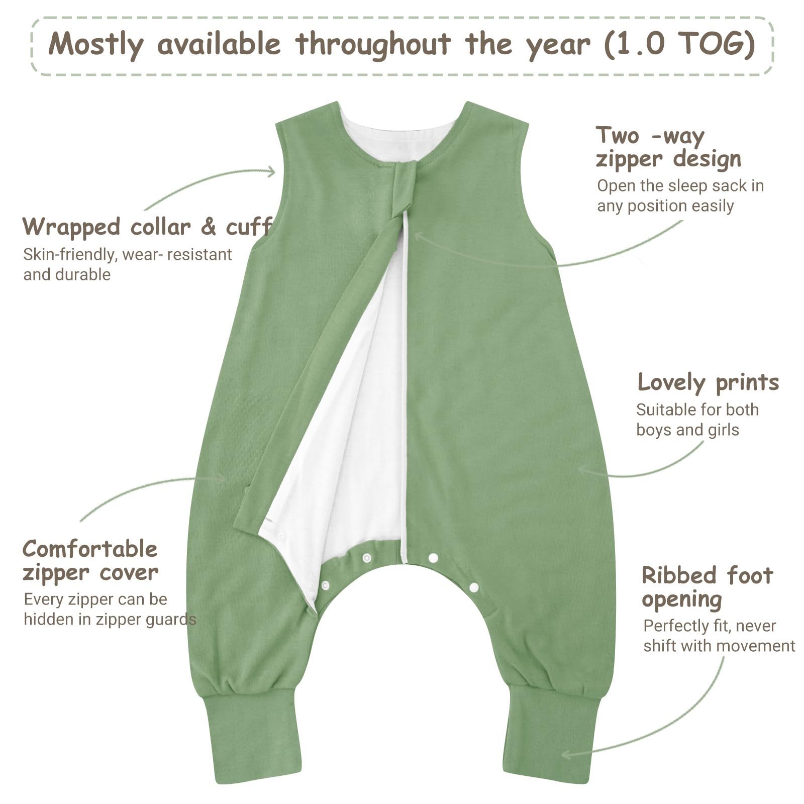 WYTbaby 2 Pack Saco de Dormir con Pies 1.0 Tog 100% Algodón Saco Dormir Bebe para Niños y Niñas, Animal Forestal + Verde Claro