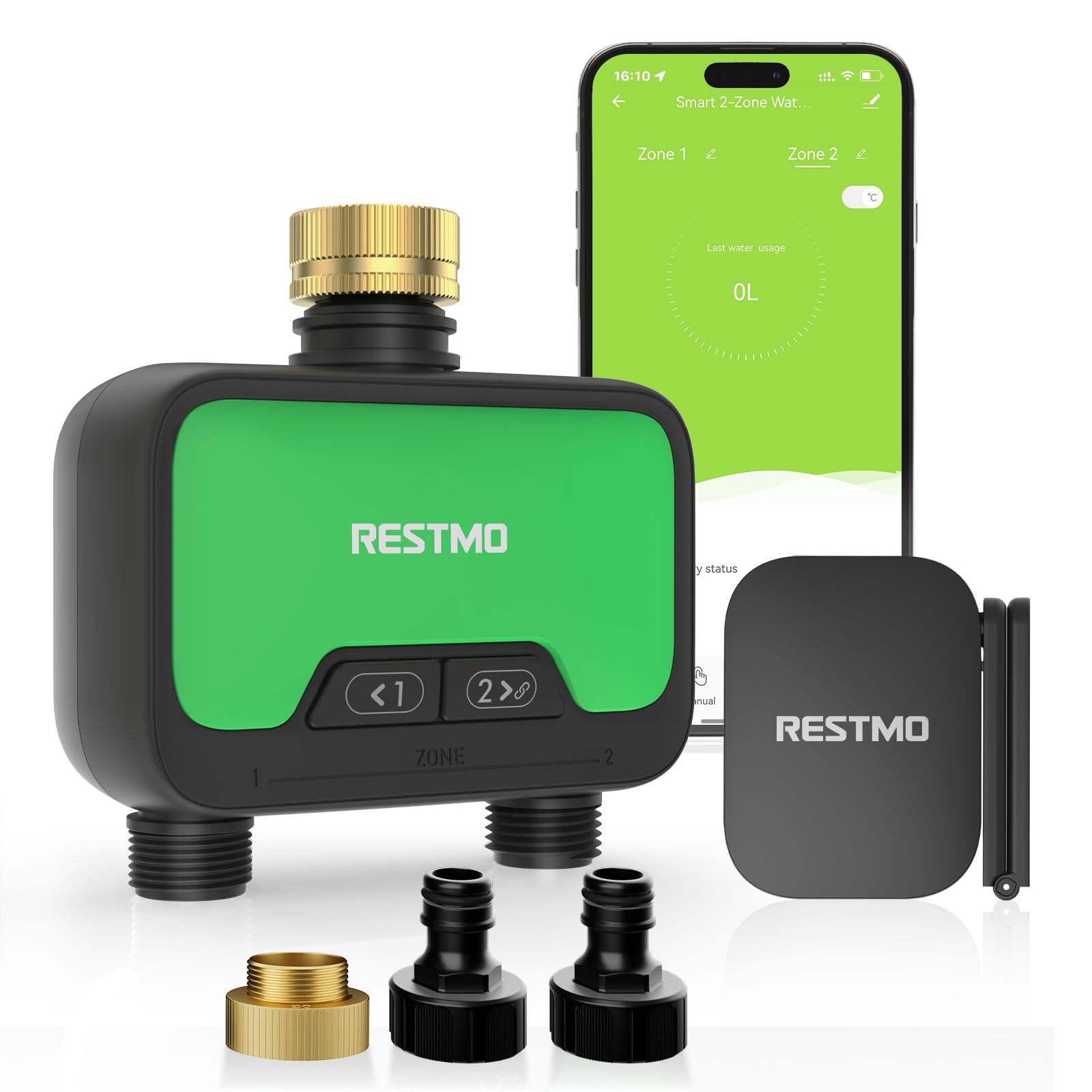 RESTMO Timer Intelligente WiFi per Tubo da Giardino, Timer Irrigazione | Controllo APP, Ingresso in Ottone, Ritardo Pioggia, Sistema Irrigazione Manuale/Automatico, Modalità di Irrigazione