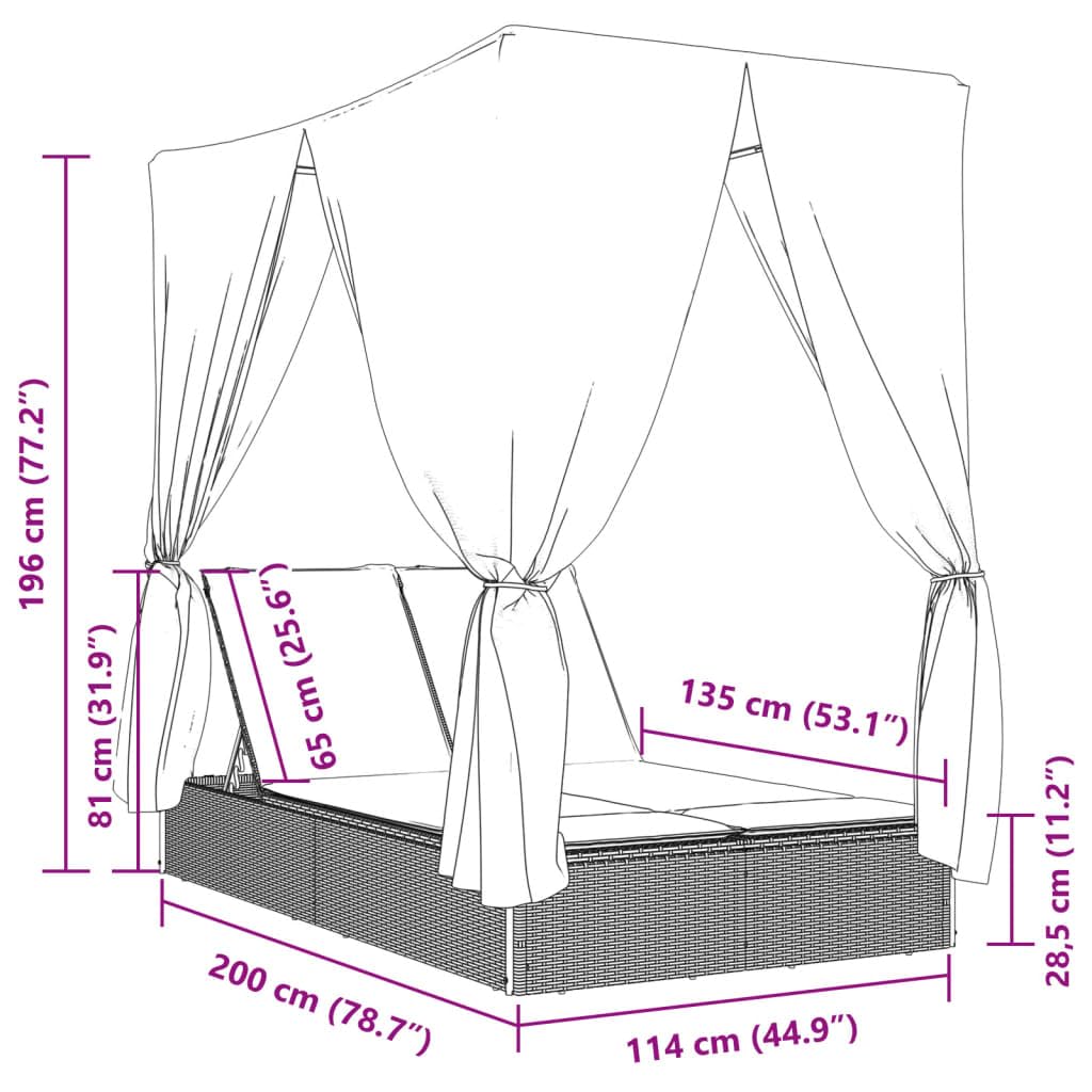 HUAKEHOM Doppelliege mit Dach und Vorhängen Sonnenliege Gartenliege Verstellbare Rückenlehne Relaxliege Sonneninsel Liege Gartenmöbel Grau Poly Rattan