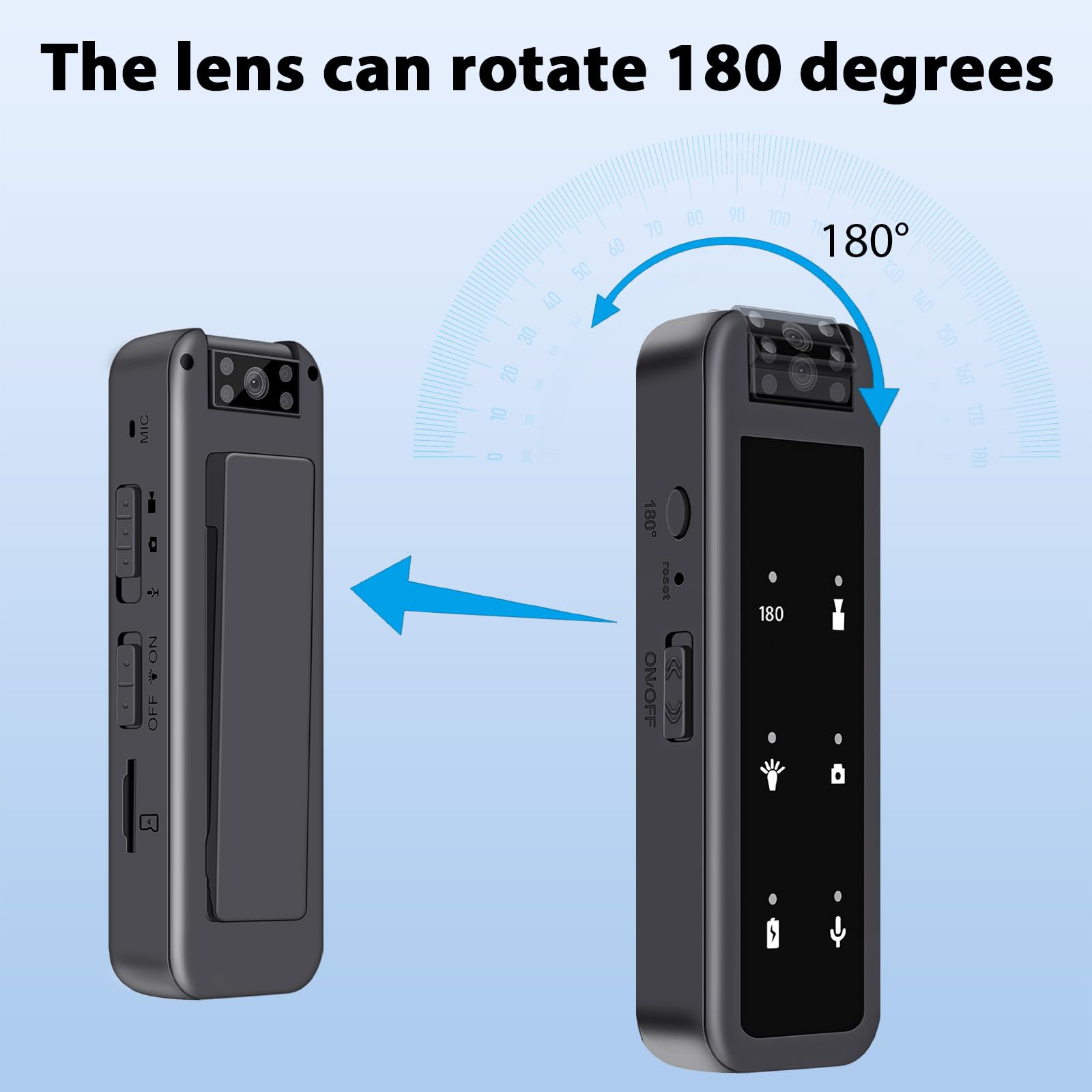 Body Cam Objectif Rotatif Caméra Espion 180° 64G avec Vidéo et Audio HD 1080P Mini Camera à Vision Nocturne Camera Portable Enregistrement Vidéo & Audio - pour Extérieur, Police, Vélo