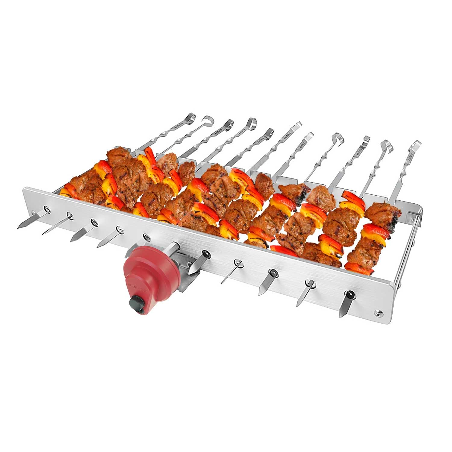 RAMBO Grillaufsatz mit Motor inkl. 12 Spieße + Powerbank, Drehspieße aus Edelstahl, Schaschlikgrill, Mangal
