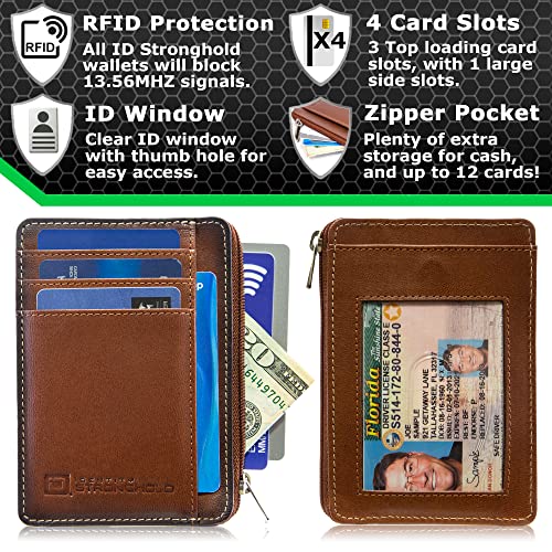 Image of ID Stronghold RFID Blocking Front Pocket Wallet - Slim Minimalist Genuine Leather Wallet with Zipper Coin Pocket (Antiqued Brown)