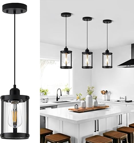 Miniatura 23 de Lámparas Colgantes de Estilo Granja, Lámpara Colgante de 1 Luz de Cristal Negro para Isla de Cocina, Iluminación Colgante Mini Rústica Industrial