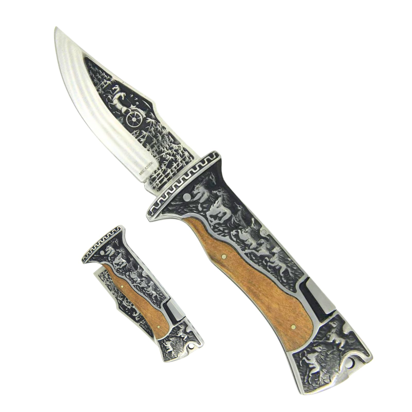 Generico Coltello Pieghevole Tascabile con Manico Effetto Legno, Design Elegante e Decorativo con Cavalli, Compatto e Leggero, Ideale per Uso Quotidiano, Outdoor Leggero e Idea Regalo Uomo