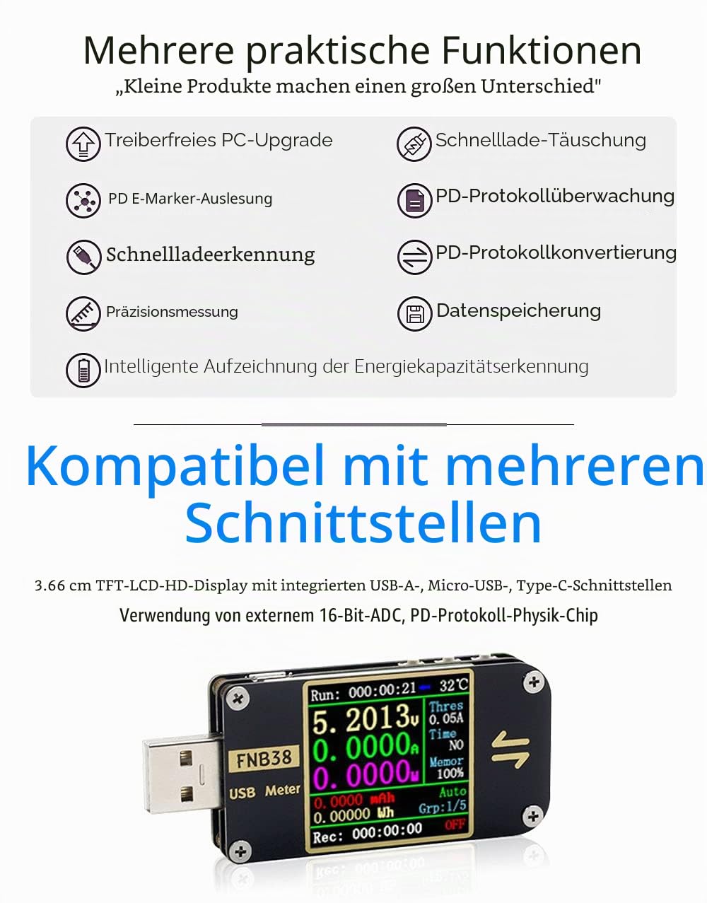 DollaTek FNB38 Stromspannungsmessgerät USB Tester QC4+ PD3.0 2.0 PPS Schnellladeprotokoll Kapazität Tester 5A 5V / 12V / 24V