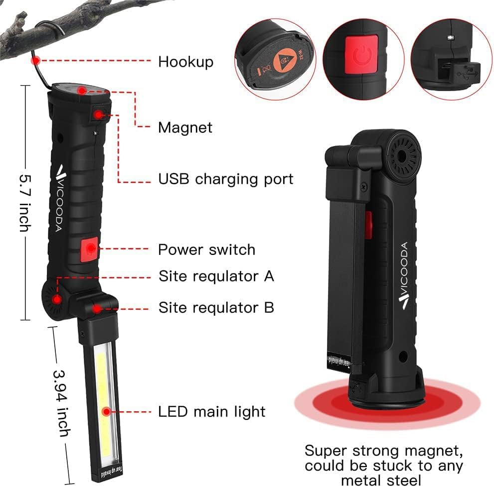 Rechargeable LED Work Light with Magnetic Base, USB 360° Rotating Magnetic Light, 5 Mode Mechanic Flashlight for Car Repair, Emergencies, Tight Areas (3 Pack) 1 3 Pack