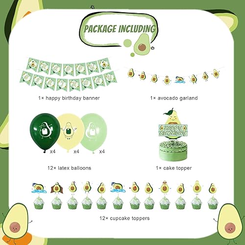 Miniatura 3 de Decoración de cumpleaños de aguacate, suministros temáticos de aguacate con banner de cumpleaños de aguacate, adornos para magdalenas de tartas,