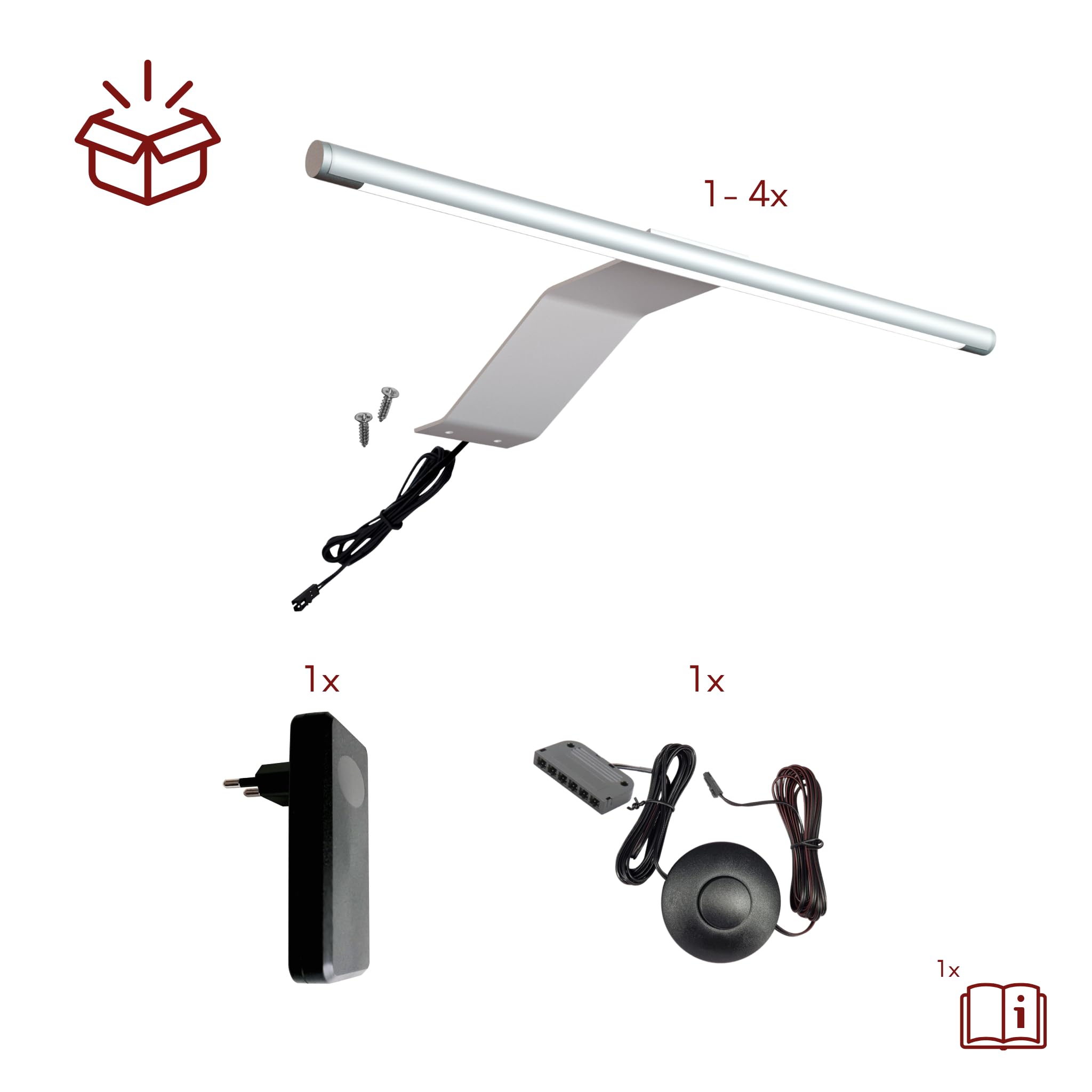 kalb | Lampada LED da superficie, 340 x 170 x 40 mm, lampada per armadi con modulo LED, 12 VDC, 4 W, 230 lm per lampada, con interruttore e alimentatore, grigio argento, per armadi (grigio argento