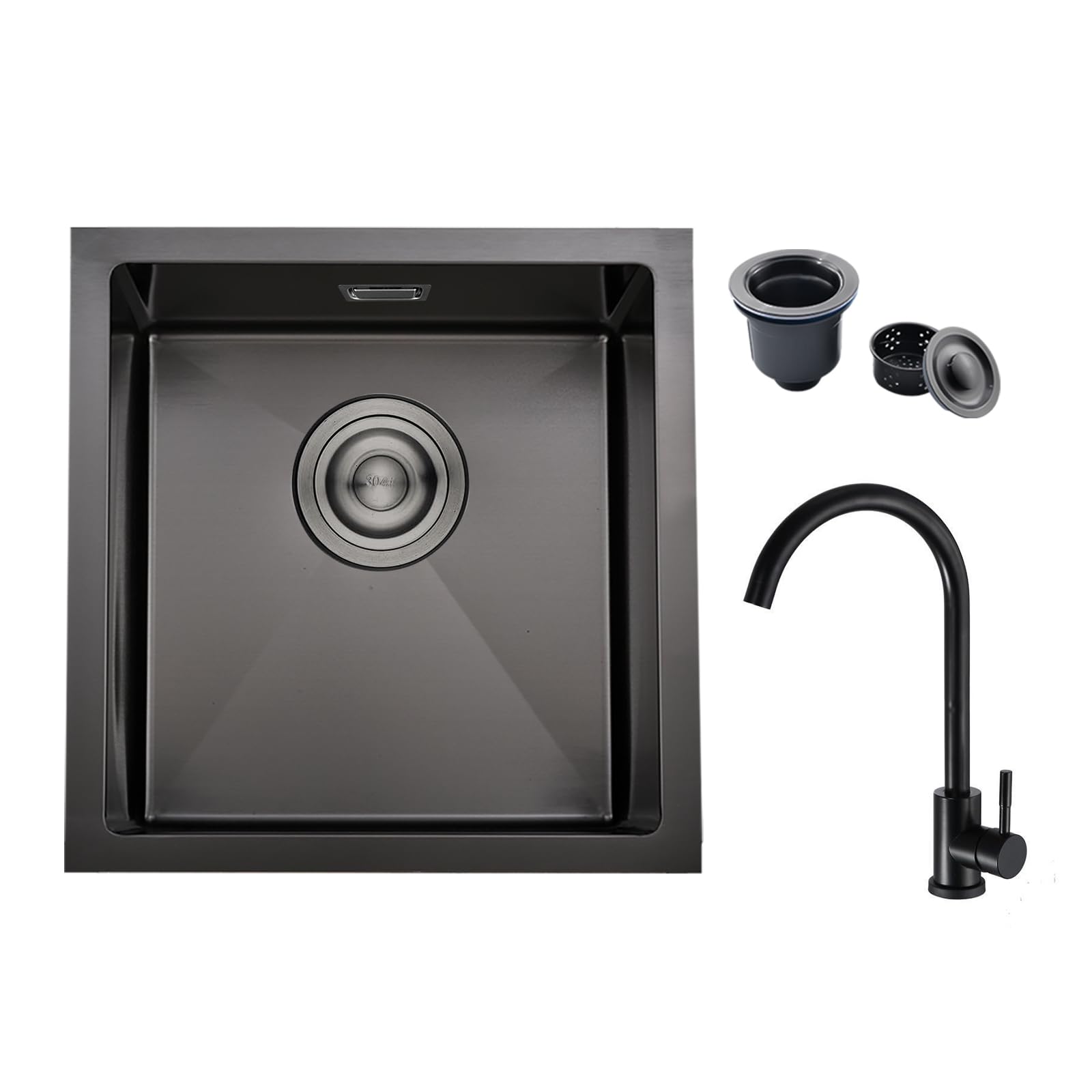 iAnomla 40x40cm Kitchen Sink, Stainless Steel Sink with Faucet, Black