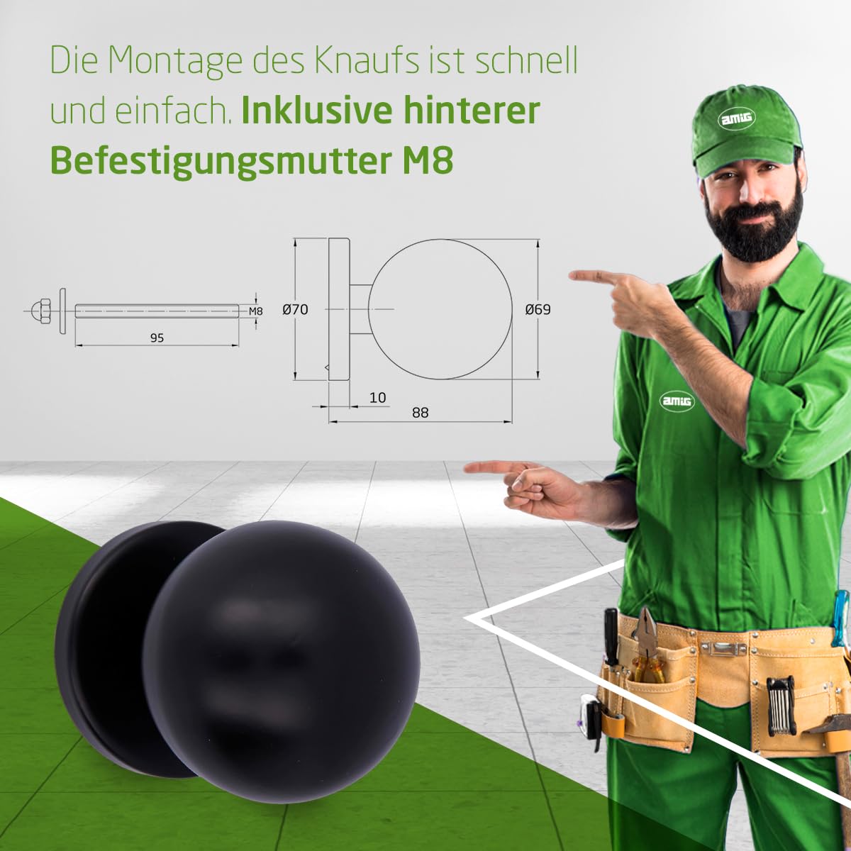 Amig - Türklinken | Aus Edelstahl | Griff: Ø70 mm | Schwarz | Beständig gegen Abrieb, Rost und Korrosion