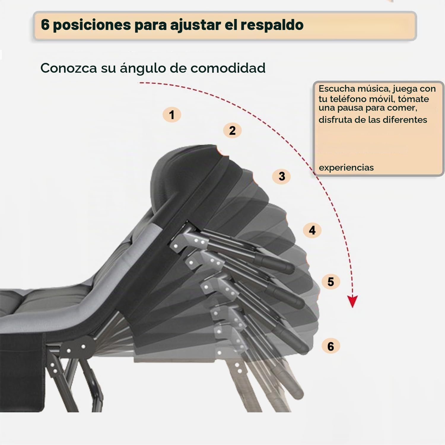 Tumbona resistente a la intemperie con colchón y respaldo ajustable en 6 posiciones, tumbona de jardín plegable, cómoda con bolsillo lateral, tumbona de camping plegable, ultraligera, ideal