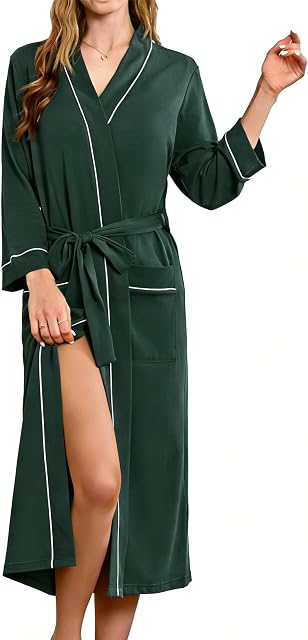 HEARTNICE Womens 100% Cotton Robe, Soft Kimono Spa Long Bathrobe Lightweight Loungewear
