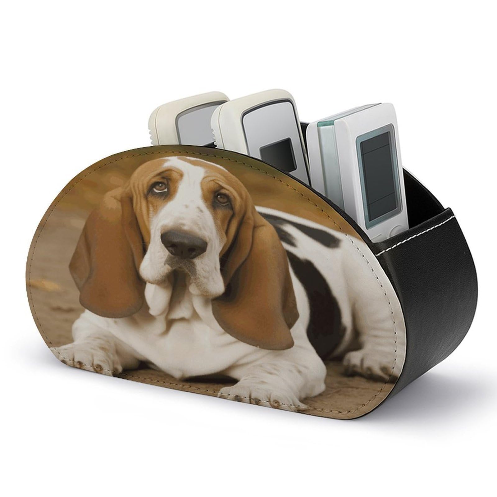 LZQPOEAS Basset Hound Remote Control Holder Desk Storage Organizer Box Container Remote Storage Box with 5 Compartments PU Leather Remote Caddy for Home Bedside Table Organizer