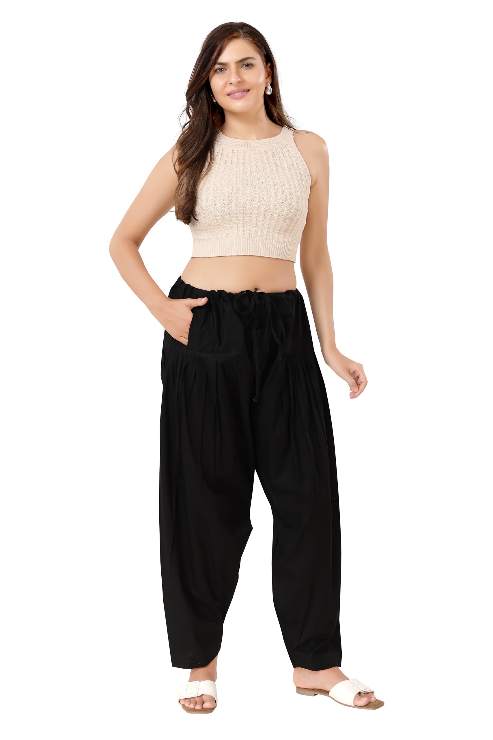 TRASA Semi Patiala Salwar Cotton One Side Pocket Traditional Indian Bottomwear - Free Size Fit up to XXL - Black - Image 2 thumbnail
