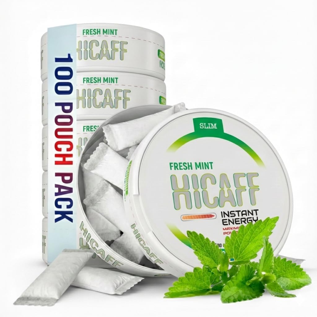 HiCAFF Starker Koffein Snus - 5 PACK 100 MG CAFFEINE - SUGAR FREE - Hergestellt in Schweden - Instant Energy Koffein Pouches - 20 sachets/jar