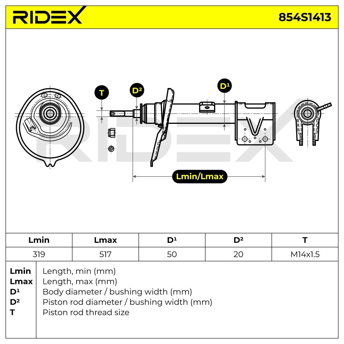 RIDEX Amortisseur Avant Gauche Pression de gaz Compatible avec CITROËN Berlingo II B9, PEUGEOT Partner II Tepee