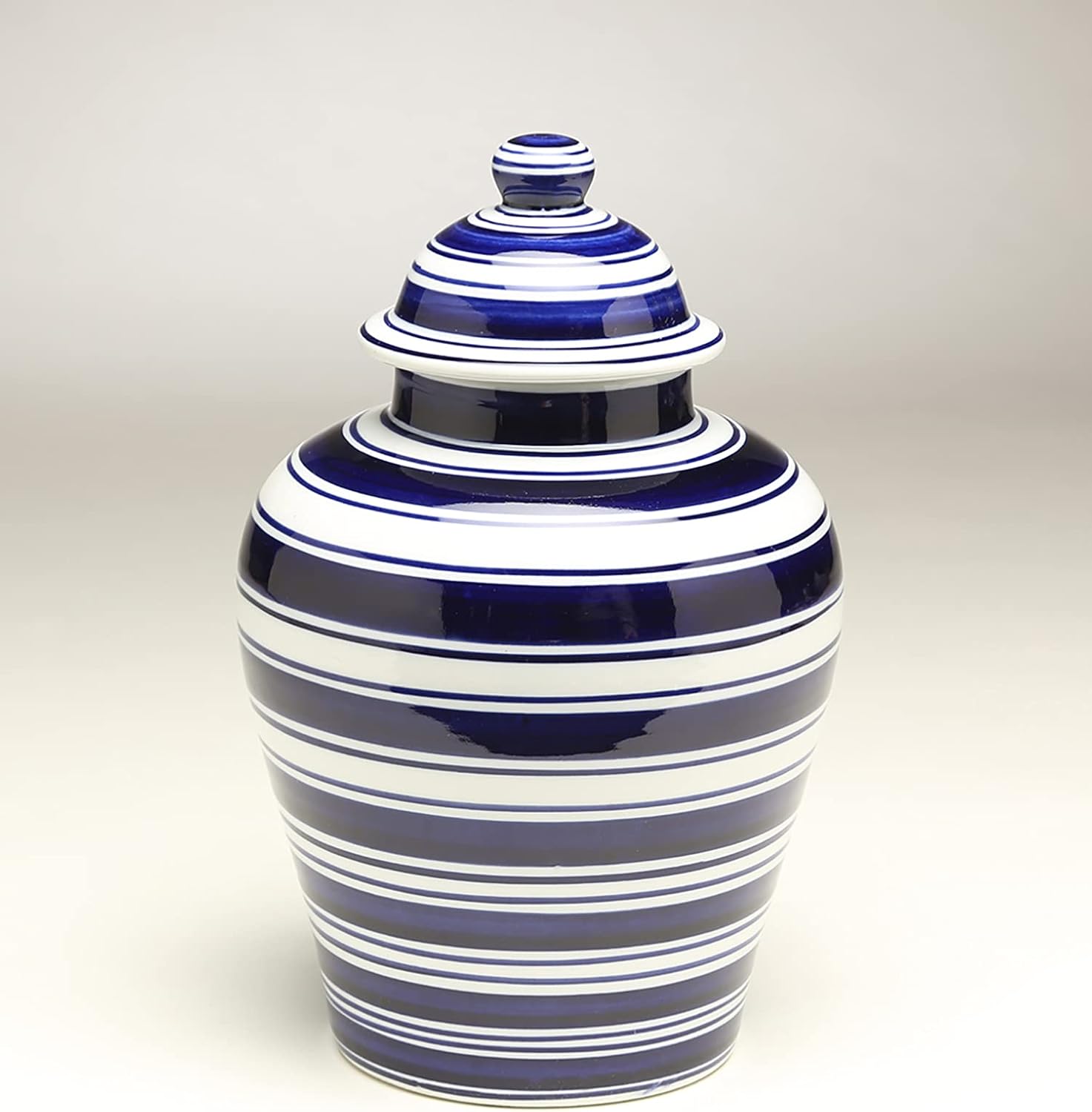 59957 Blue & White Striped Porcelain Ginger Jar with Lid 10.5 Inches High