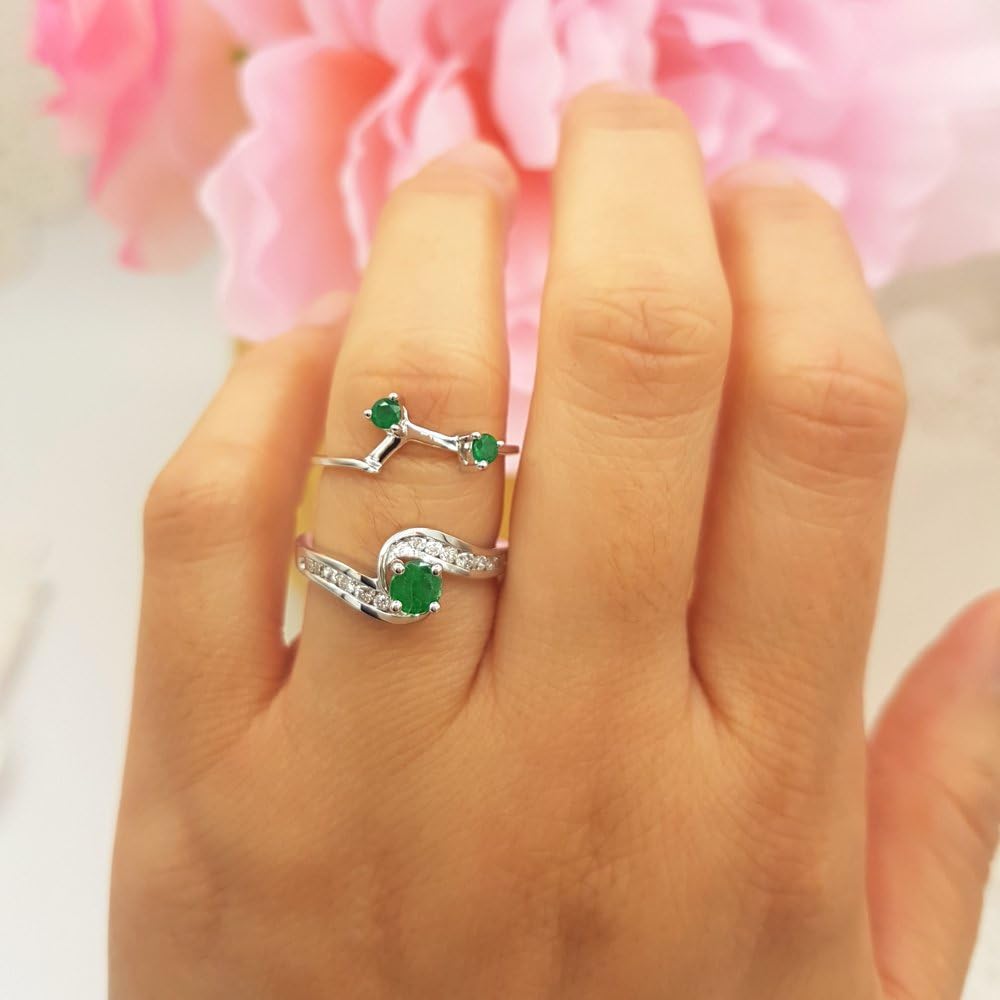 Dazzlingrock Collection Round Emerald And White Diamond Womens Swirl Bridal Engagement Ring Matching Band Set, 10K Solid White Gold