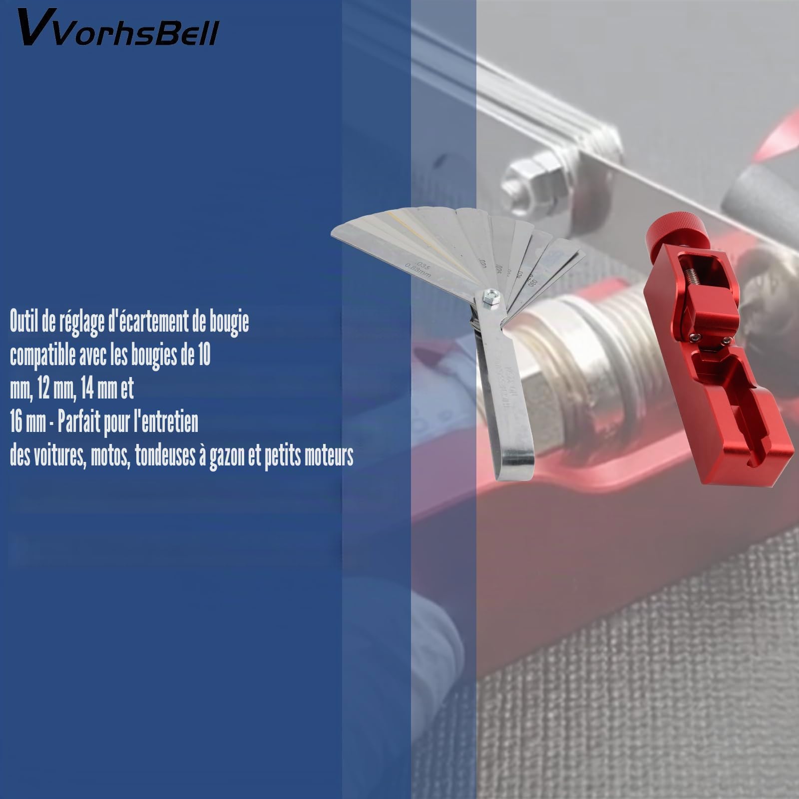 Outil universel pour bougie d'allumage compatible avec 10 mm, 12 mm, 14 mm, 16 mm, outil de réglage précis de 0,04 à 0,88 mm pour l'entretien de voiture et moto (rouge)
