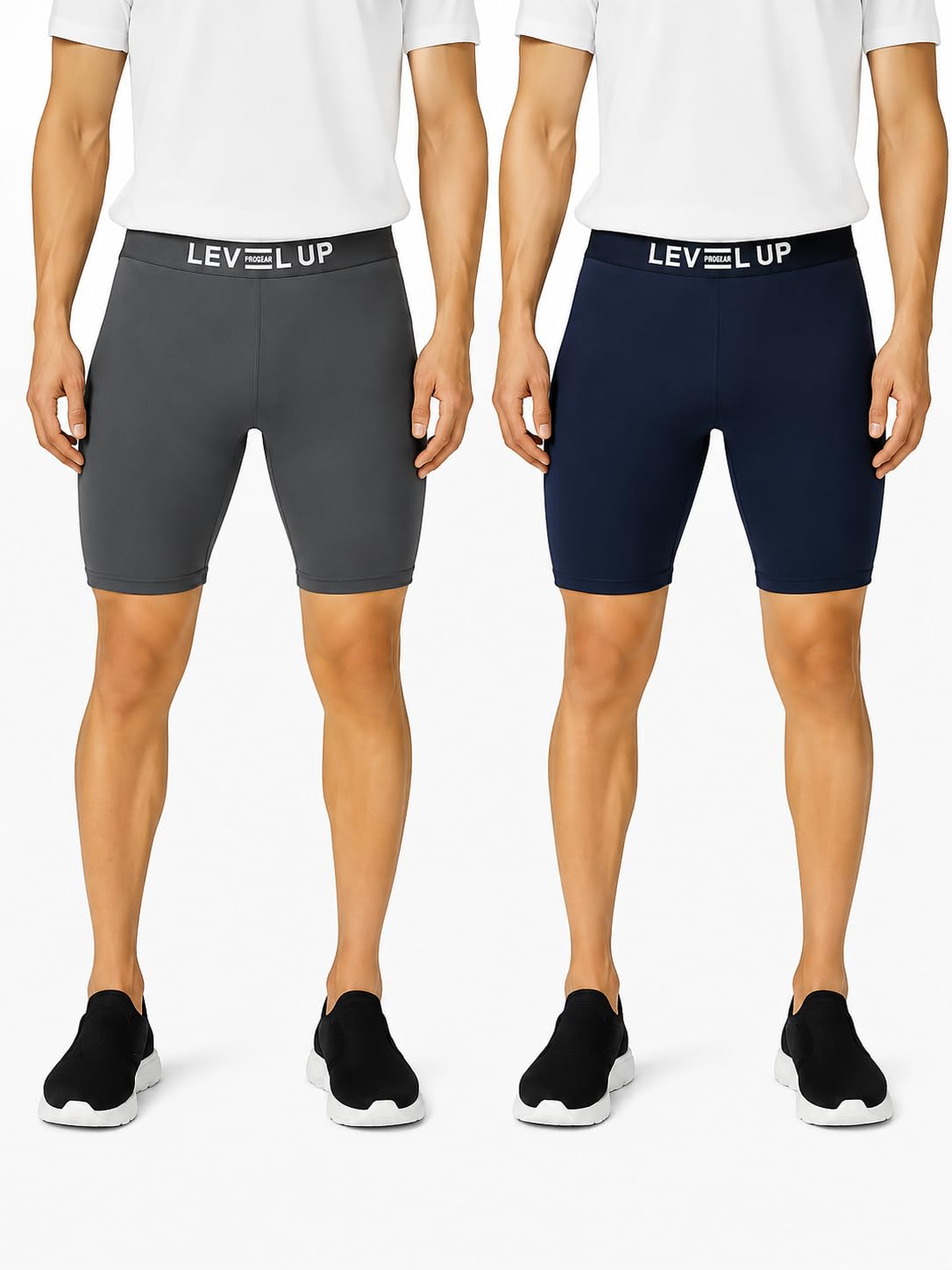 Level UP Men's Compression Tights Shorts, Navy Blue and Dark Grey, 4-Way Stretch, Moisture Wicking, 2 Pack, for Running, Cycling and Workout-image-43