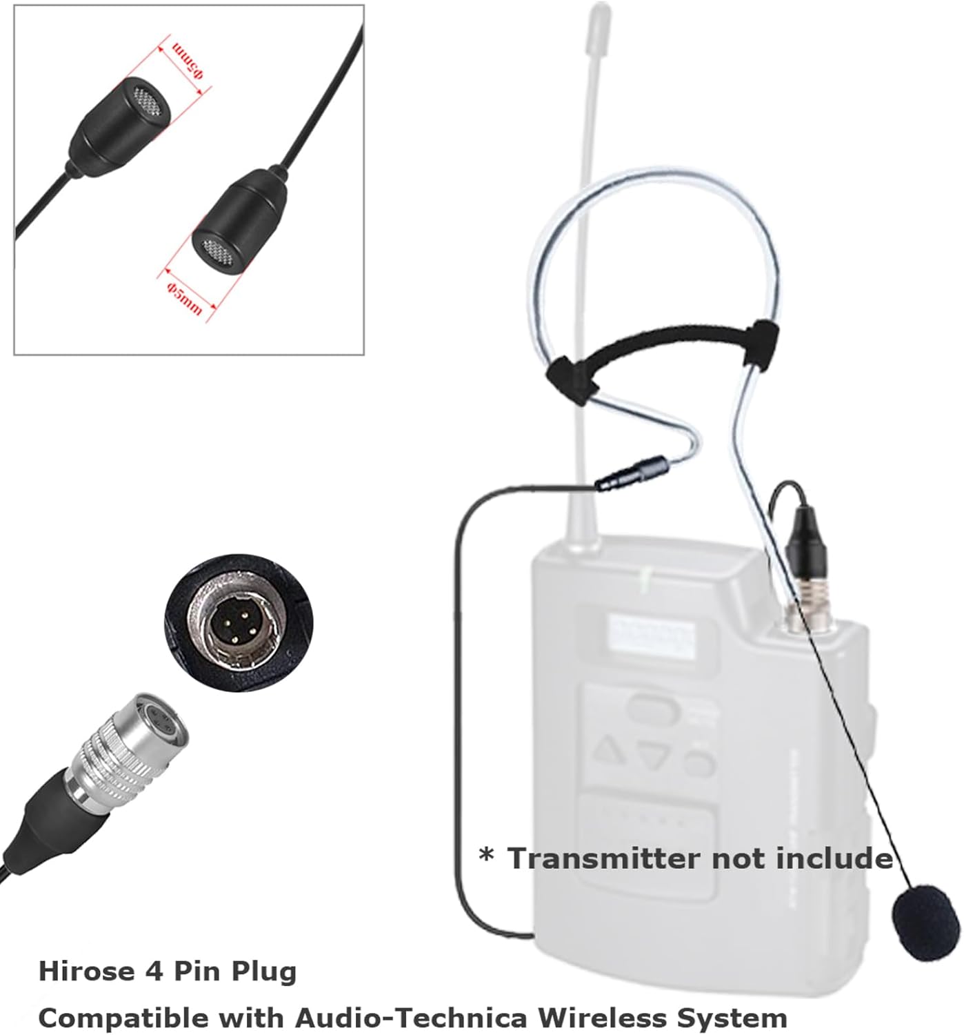 Black Single Earset Headset Microphone Headworn Over Ear Hanging Condenser Mic Compatible with Audio-Technica Wireless Bodypack Transmitter System with Hirose 4 Pin Plug - Image 6