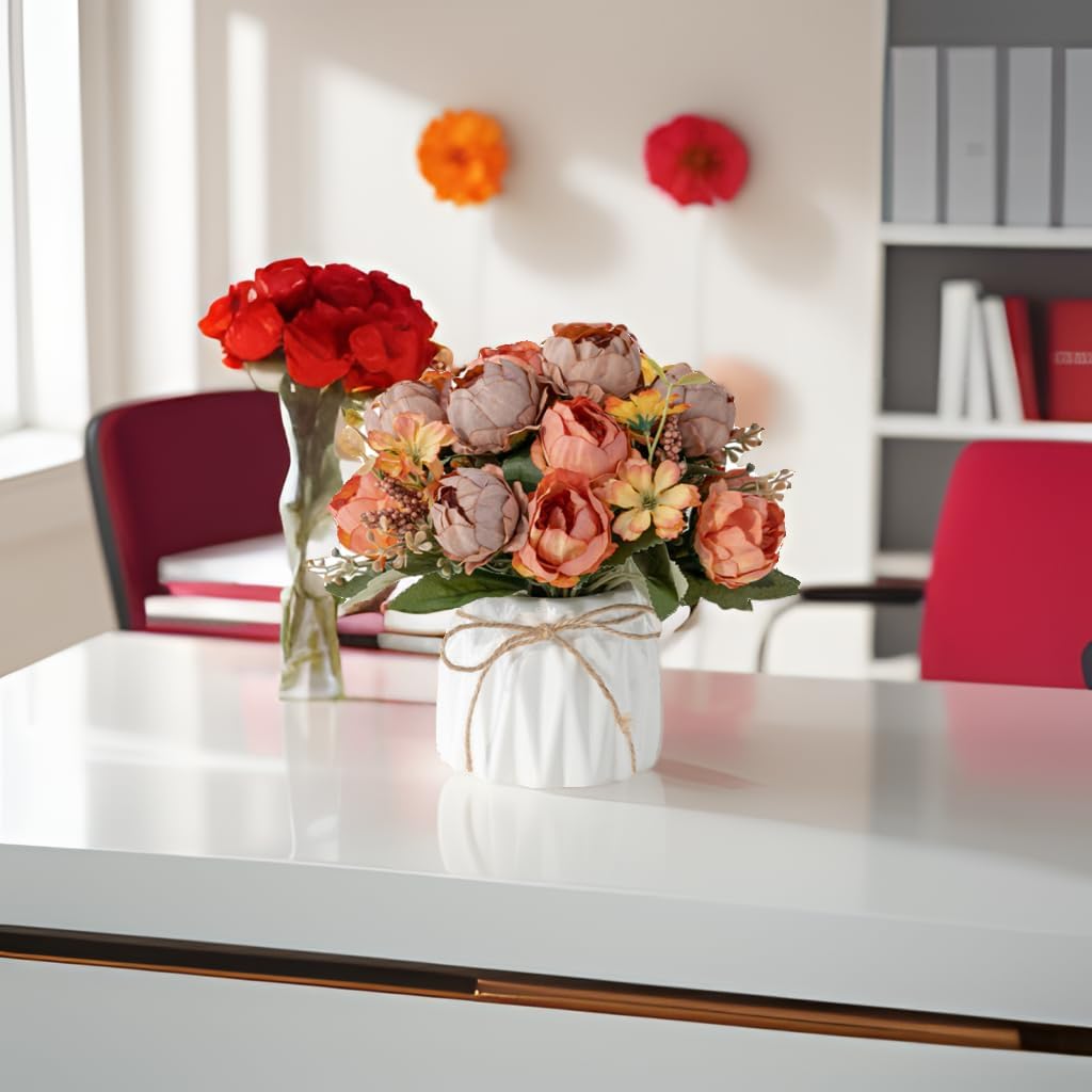 Hbluefat Faux Flowers with Vase,Artificial Silk Flowers in Ceramic Vase,Small Fake Flower Arrangement for Home Office Kitchen Bathroom Coffee Dining Table Centerpiece Decor (Orange,Peony) - Image 7
