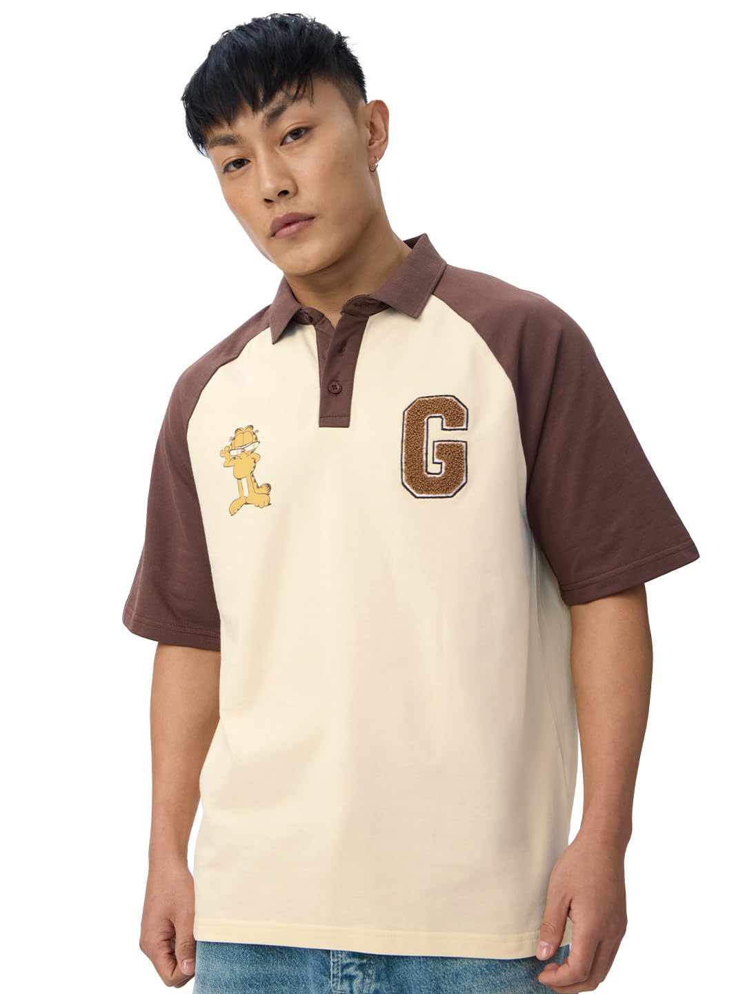 the souled store Colourblock Polo: Garfield Men and Boys Short Sleeves Collared Neck Beige and Brown Embroidered Cotton Oversized Polos-picture-12