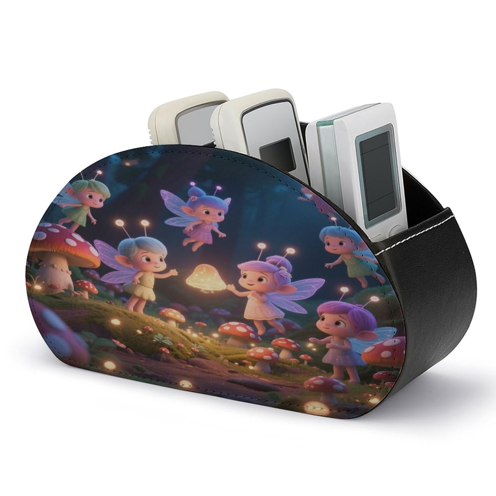 VstaDank Fairies in Mushroom Forest Remote Control Holder PU Leather Multi-Functional Office Organizar Box Makeup Brush Holder Desk Storage with 5 Compartment TV Remote Media Player Box