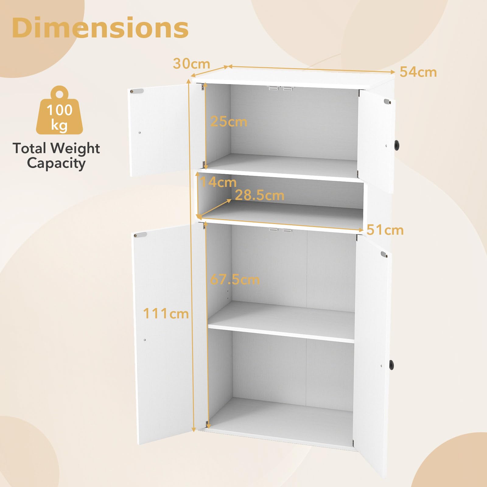 KOMFOTTEU Libreria Verticale a 3 Ripiani, Libreria Chiusa con Ante e Ripiano Aperto, Mobile Soggiorno con Ripiano Regolabile a 5 Livelli, per Studio, Camera da Letto, Bagno, 54 x 30 x 111 cm (Bianco)