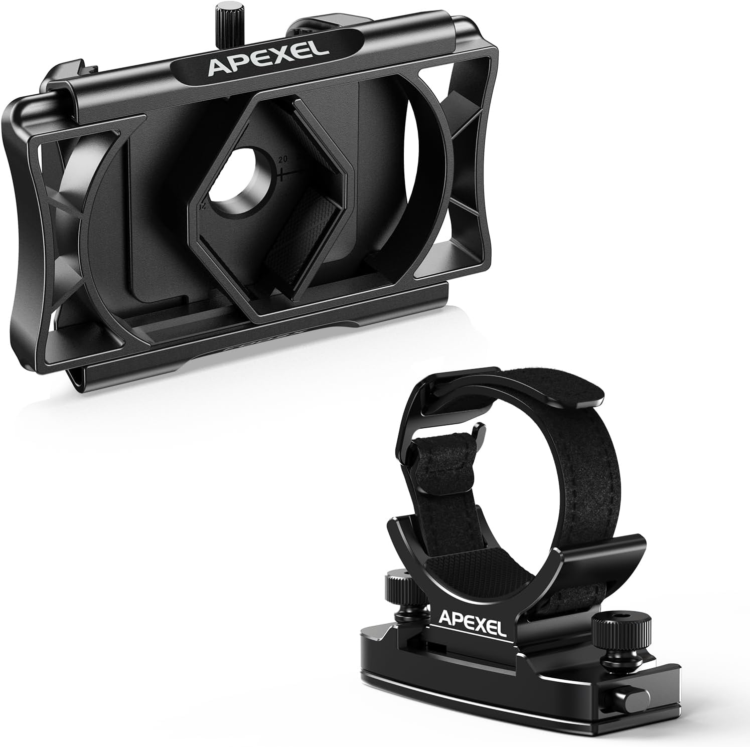 APEXEL 360° Telescope Phone Adapter (Black) + CNC Aluminum Binoculars Backpack Clip with 38mm Quick Release Plate