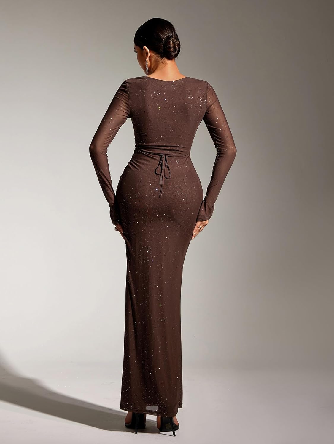 KUTUMAI Women Sexy V Neck Sequin Long Sleeve Bodycon Maxi Dress Sparkly Ruched Gown Evening Formal Dresses - Image 3